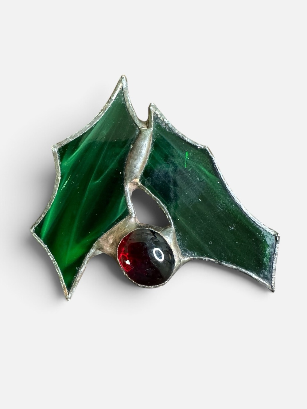 Vintage Green & Red Stained Glass Holly Berry Brooch - Cottage Craft Core